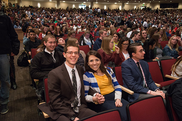 Students and employees gather in the BYU-Idaho Center for the first devotional of Spring 2107 semester.