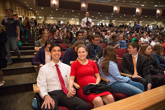 Students and employees gather in the BYU-Idaho Center for the first devotional of Spring 2107 semester.