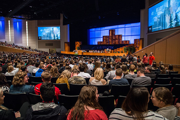 Students and employees gather in the BYU-Idaho Center for the first devotional of Spring 2107 semester.