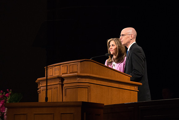 President henry J Eyring and his wife Kelly speak to Students and employees in the BYU-Idaho Center, the first devotional of Spring 2107 semester.
