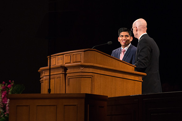 President henry J Eyring and his wife Kelly speak to Students and employees in the BYU-Idaho Center, the first devotional of Spring 2107 semester.