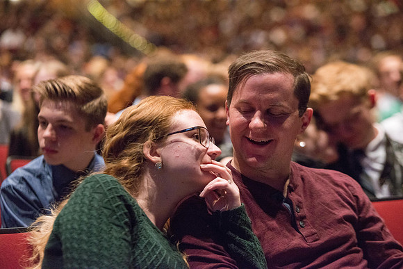 President henry J Eyring and his wife Kelly speak to Students and employees in the BYU-Idaho Center, the first devotional of Spring 2107 semester.
