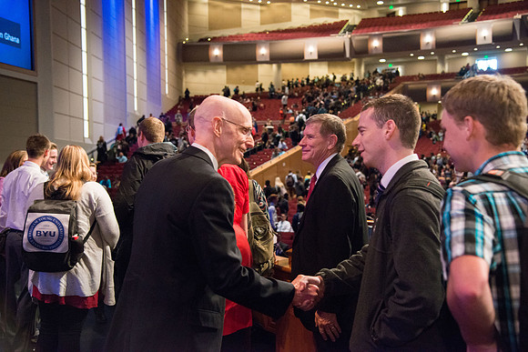 President henry J Eyring and his wife Kelly speak to Students and employees in the BYU-Idaho Center, the first devotional of Spring 2107 semester.