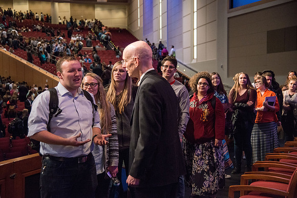 President henry J Eyring and his wife Kelly speak to Students and employees in the BYU-Idaho Center, the first devotional of Spring 2107 semester.