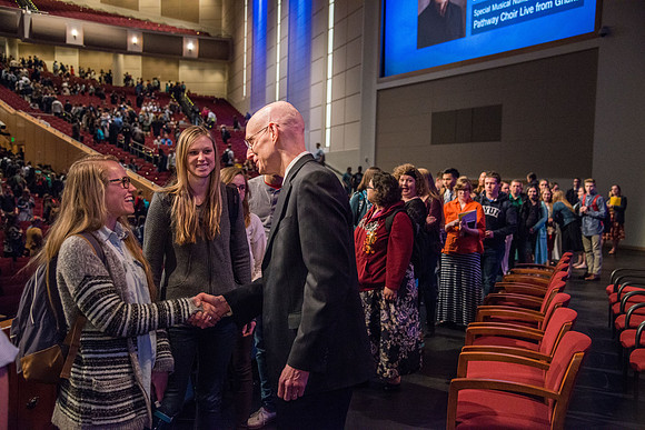 President henry J Eyring and his wife Kelly speak to Students and employees in the BYU-Idaho Center, the first devotional of Spring 2107 semester.