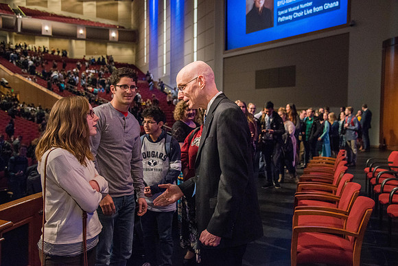 President henry J Eyring and his wife Kelly speak to Students and employees in the BYU-Idaho Center, the first devotional of Spring 2107 semester.