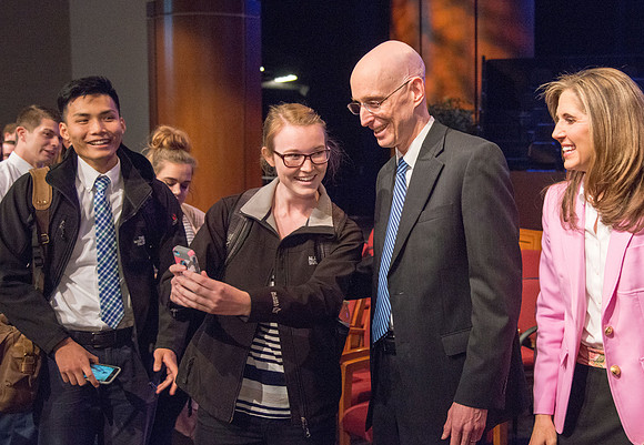 President henry J Eyring and his wife Kelly speak to Students and employees in the BYU-Idaho Center, the first devotional of Spring 2107 semester.