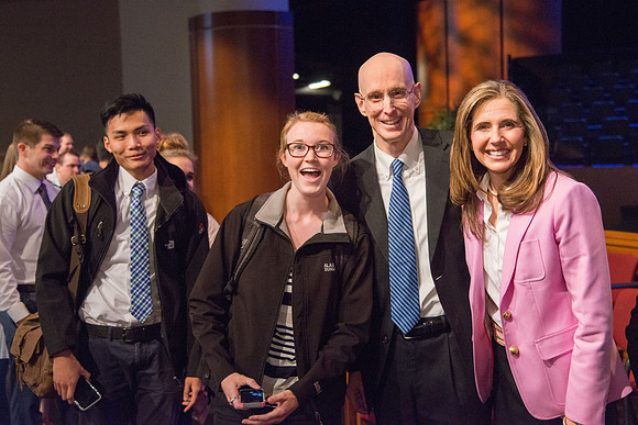 President henry J Eyring and his wife Kelly speak to Students and employees in the BYU-Idaho Center, the first devotional of Spring 2107 semester.