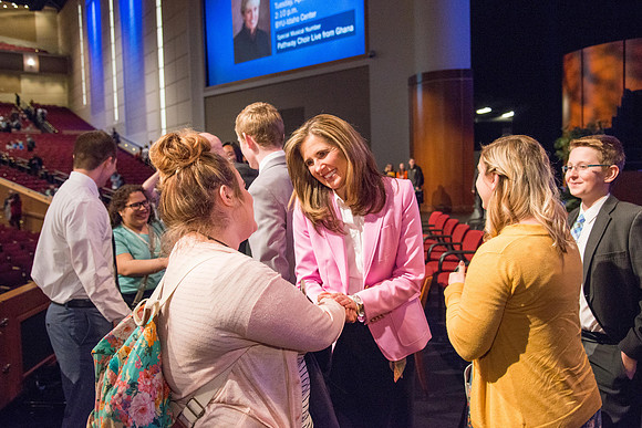President henry J Eyring and his wife Kelly speak to Students and employees in the BYU-Idaho Center, the first devotional of Spring 2107 semester.