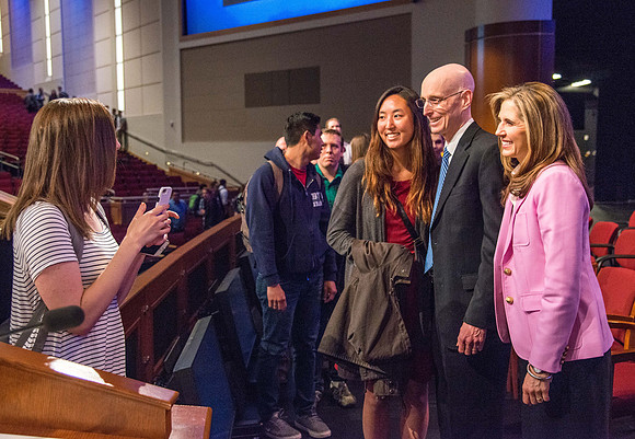 President henry J Eyring and his wife Kelly speak to Students and employees in the BYU-Idaho Center, the first devotional of Spring 2107 semester.