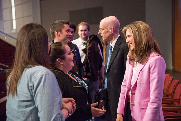 President henry J Eyring and his wife Kelly speak to Students and employees in the BYU-Idaho Center, the first devotional of Spring 2107 semester.
