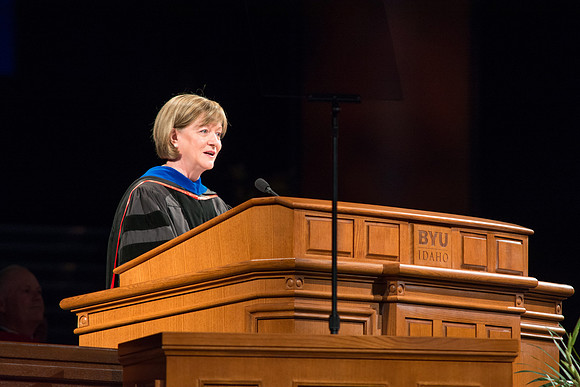 Bonnie L Oscarson, the Young Women General President, speaks at the commencement ceremony at BYU-Idaho. Photo by Ryan Chase