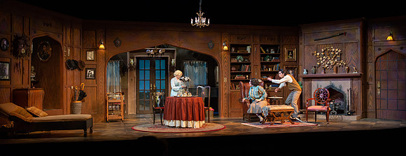 Drama dress rehearsal for the Blithe Spirit play in the Snow theater.