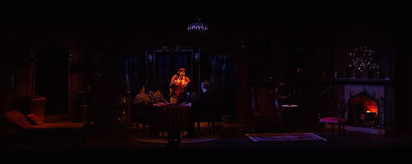Drama dress rehearsal for the Blithe Spirit play in the Snow theater.