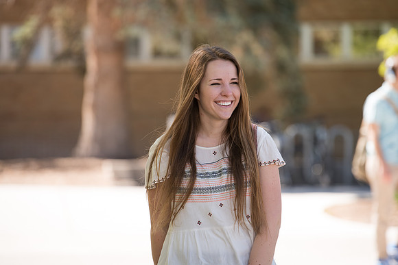 Erica Pass walks on the BYU-Idaho campus. 2017