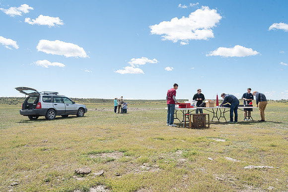 The Rocket Team from the Mechanical Engineering Department gather together to prepare for their rocket launch.