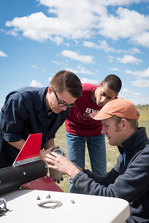 The Rocket Team from the Mechanical Engineering Department gather together to prepare for their rocket launch.