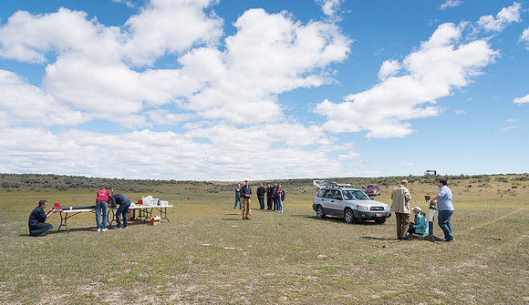 The Rocket Team from the Mechanical Engineering Department gather together to prepare for their rocket launch.
