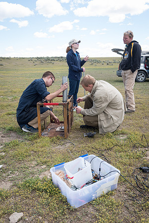 The Rocket Team from the Mechanical Engineering Department gather together to prepare for their rocket launch.