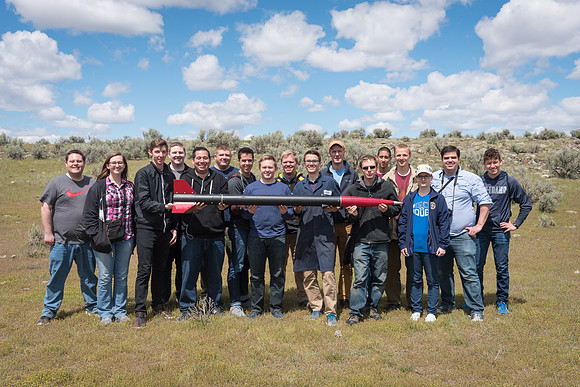 The Rocket Team from the Mechanical Engineering Department gather together to prepare for their rocket launch.
