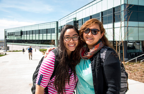 BYU-Idaho Campus Quinne Arruela and Karla Amado Abrego outside the Science and Technology Center.