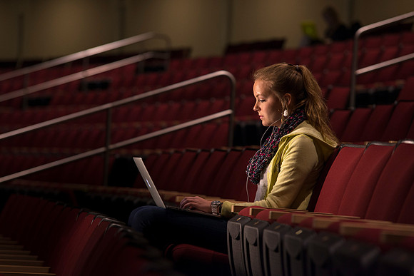 Amanda Crawley studies in the I-Center on a snowy afternoon.