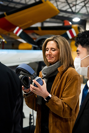 BYUI President and Sister Eyring film their devotional promotional video for Spring 2021 semester with the help of the University Relations team in the Legacy Flight Museum.