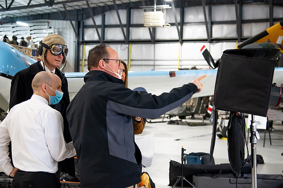 BYUI President and Sister Eyring film their devotional promotional video for Spring 2021 semester with the help of the University Relations team in the Legacy Flight Museum.