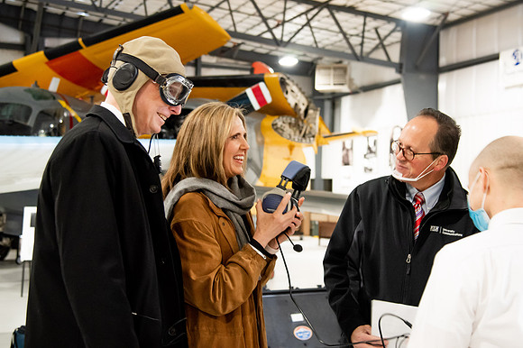 BYUI President and Sister Eyring film their devotional promotional video for Spring 2021 semester with the help of the University Relations team in the Legacy Flight Museum.