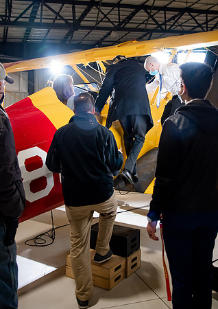 BYUI President and Sister Eyring film their devotional promotional video for Spring 2021 semester with the help of the University Relations team in the Legacy Flight Museum.