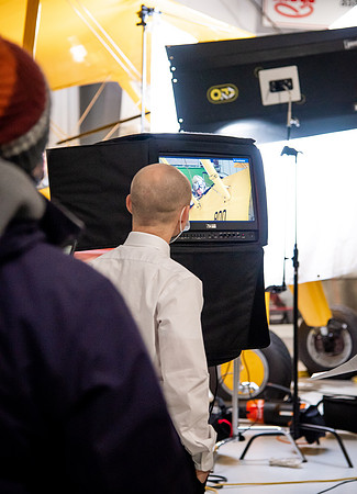 BYUI President and Sister Eyring film their devotional promotional video for Spring 2021 semester with the help of the University Relations team in the Legacy Flight Museum.