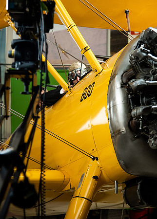BYUI President and Sister Eyring film their devotional promotional video for Spring 2021 semester with the help of the University Relations team in the Legacy Flight Museum.