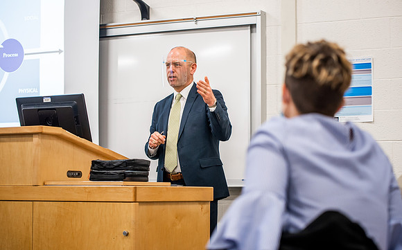 BYUI classes in the religion department meeting during Covid-19 with masks and social distanced seating.