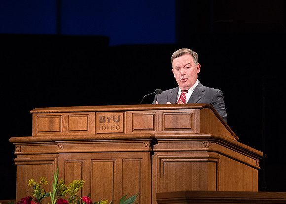 Michael Crow, president of Arizona State University, speaks at Devotional. 2017