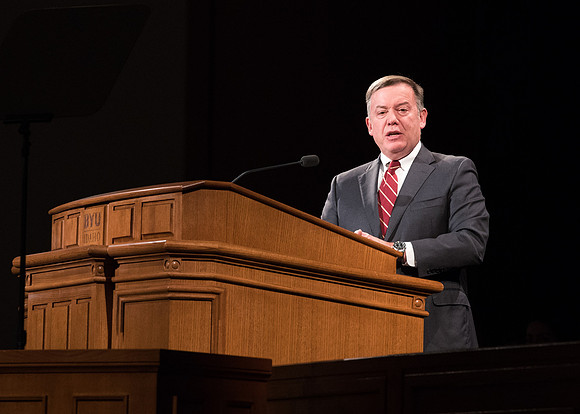 Michael Crow, president of Arizona State University, speaks at Devotional. 2017