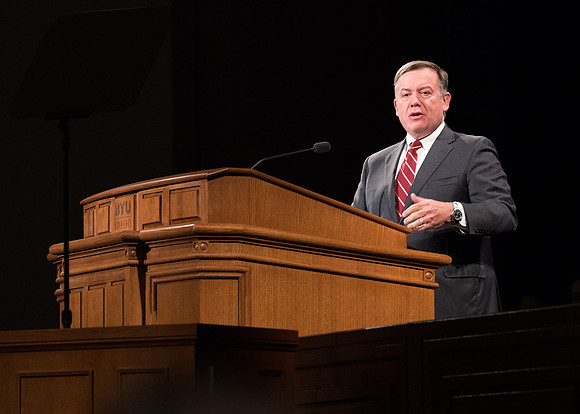 Michael Crow, president of Arizona State University, speaks at Devotional. 2017