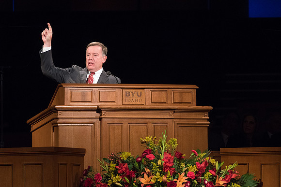Michael Crow, president of Arizona State University, speaks at devotional. 2017