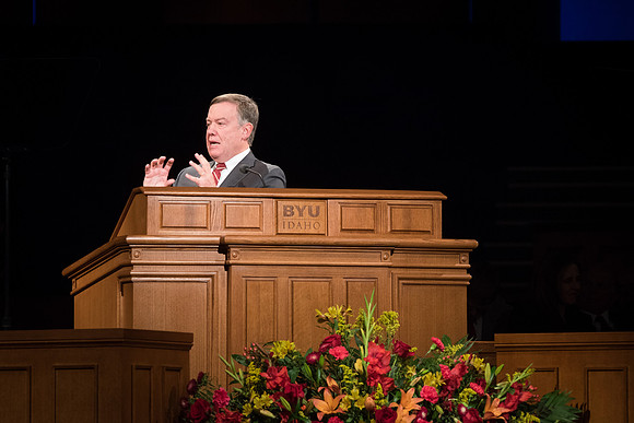 Michael Crow, president of Arizona State University, speaks at devotional. 2017