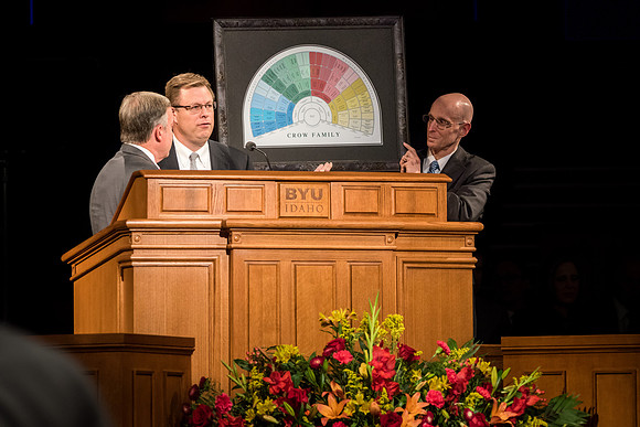 Michael Crow, president of Arizona State University, speaks at devotional. 2017