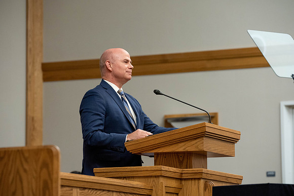 Daniel Balls, Lead Data Analyst at BYU-Idaho, addresses the students during summer session at the weekly Devotional.