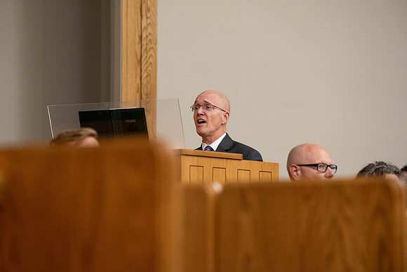 Daniel Balls, Lead Data Analyst at BYU-Idaho, addresses the students during summer session at the weekly Devotional.