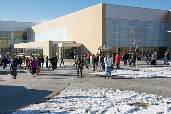 Student's walk to and from Devotional after the first snow fall of the semester.