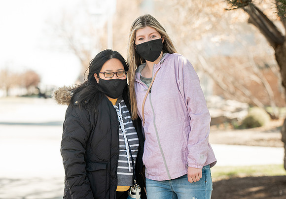 Students walk around BYUI campus on their first day of classes for the Spring 2021 semester.