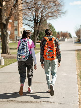 Students walk around BYUI campus on their first day of classes for the Spring 2021 semester.
