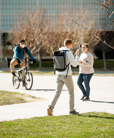 Students walk around BYUI campus on their first day of classes for the Spring 2021 semester.