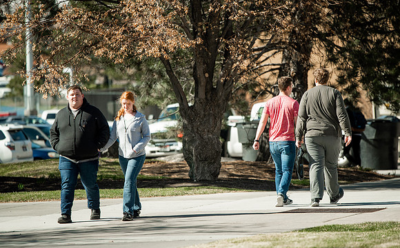 Students walk around BYUI campus on their first day of classes for the Spring 2021 semester.
