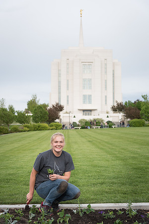 Students gather together to plant flowers on the temple grounds.