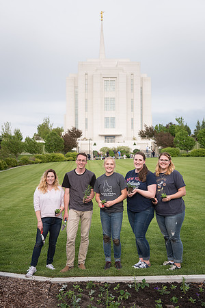 Students gather together to plant flowers on the temple grounds.