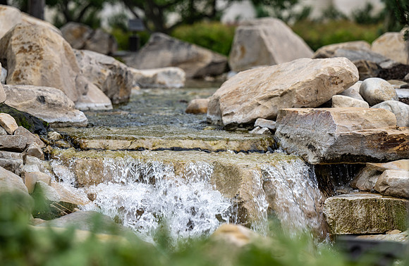 Water feature on campus in front of the Taylor quad.