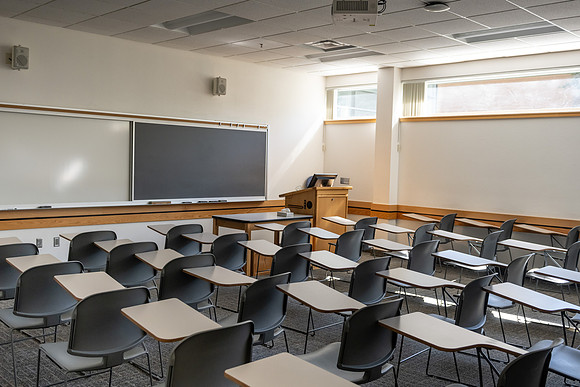 Empty classroom in the Ricks Building.